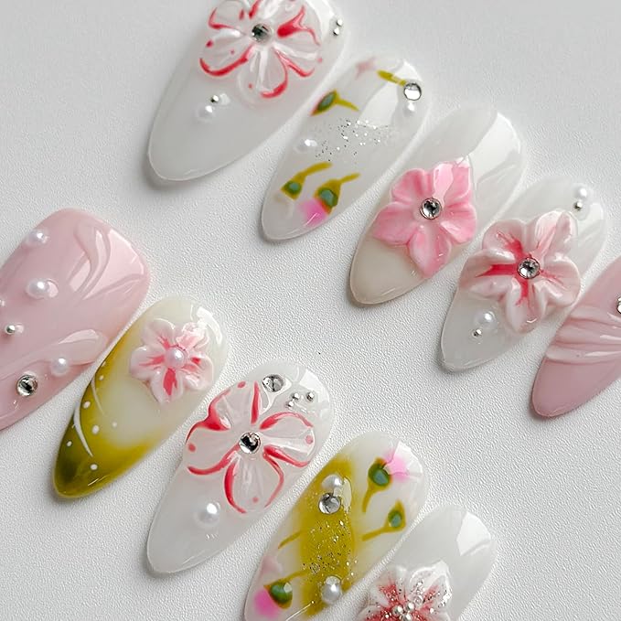 Luxury Press on Nails Medium Almond Handmade 3D Unique Reusable ABS Material Fake Nails White&Pink False Nails with Designs Pink Floral Pearls Glossy Glue on Nail Thick Acrylic Nail(S)