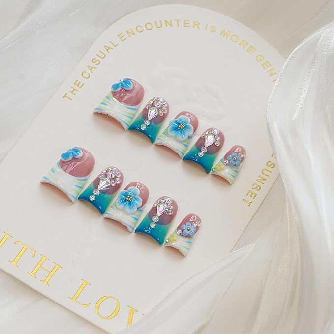 10pcs Handmade Press on Nails Medium Duck Curve Shape – 3D Floral Mushroom Jelly Shell Bow Cherry Chrome Bling Thick Reusable Fake Nails,Boho Y2K Aesthetic Accessories (white green, S)