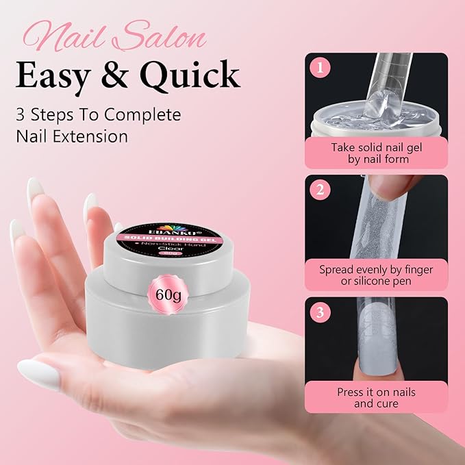 EBANKU Solid Builder Gel for Nails, 60g Clear Sculpting Gel for Valentines Nail Art Non-Sticky Molding Hard Gels with 96Pcs Nail Forms Soak Off U V LED Manicure Salon DIY Gift