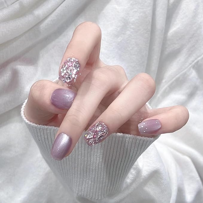 Press on Nails Short Light Purple Cat Eye Stone Gradient Glossy Fake Nails, Sparkling Glitter and Rhinestone Accents, False Nail Tips for Women and Girls, 30Pcs with Glue & Tool Kit