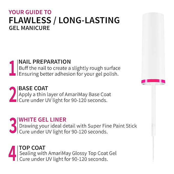 Nail Polish White Gel Art Liner, 7ml Classic Colors Nail Paint Design with Thin Brush, for DIY French Manicure at Home, UV/LED Cure Needed.