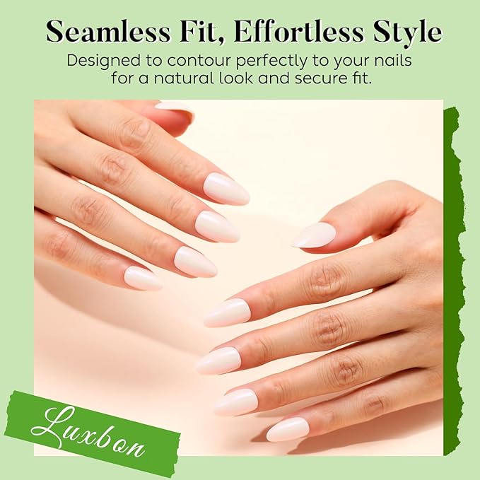 Luxbon Acrylic Short Almond Press On Nails with No-Cure Nail Glue and Tool Kit – Soft Gel Tips 25-30pcs Full Size Set, Reusable Fake Nails for Women, Stick On Nails, White Aurora
