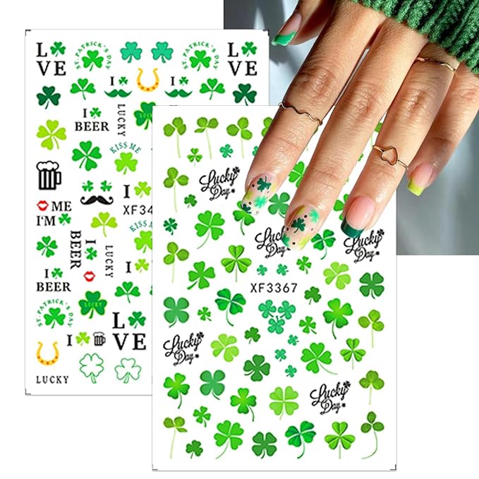 10 Sheets St. Patrick's Day Nail Stickers Self-Adhesive Lucky Shamrock Nail Art Stickers Green Four Leaf Clover Nail Decals Spring Summer Design Nail Supplies for DIY Saint Patrick's Day Nail Decor