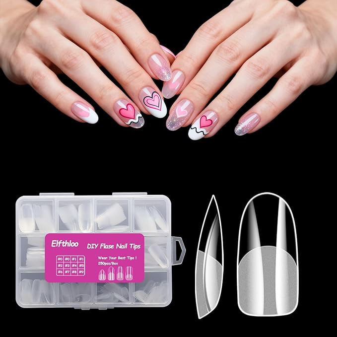 250PCS Clear Acrylic Nail Tips, 1 Shapes 10 Sizes - Half Matte Full Cover Fake Nails for DIY Manicure, Salon Professionals & Beginners - Oval Pre-Shaped Extensions