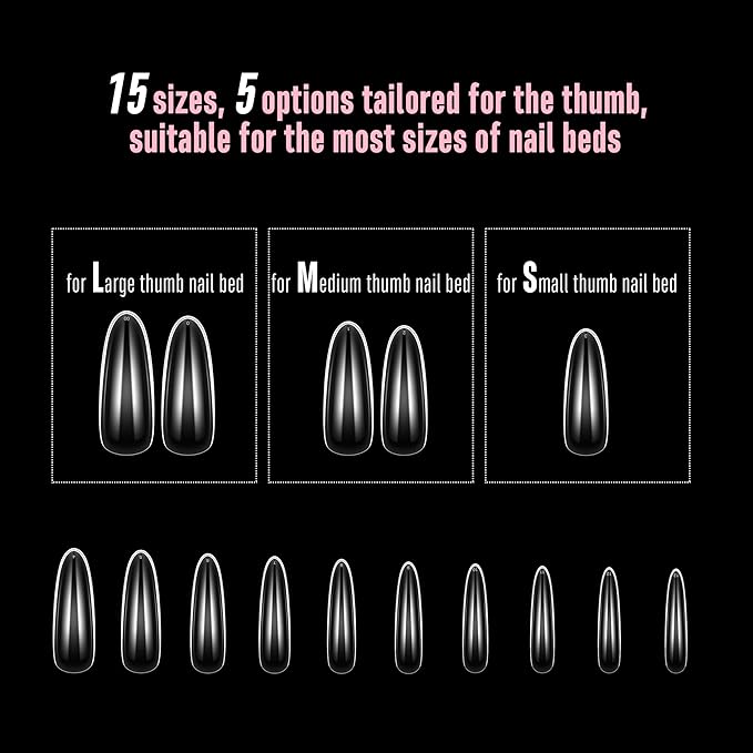 NOVO OVO Long Oval Nail Tips NATURAL (Not SCULPTED) for Flat Nail Beds, Extra Thick L Length False Nails Press on, Full Cover Soft Gel Fake Nail Extension, Salon DIY x 15 Sizes 450 pcs