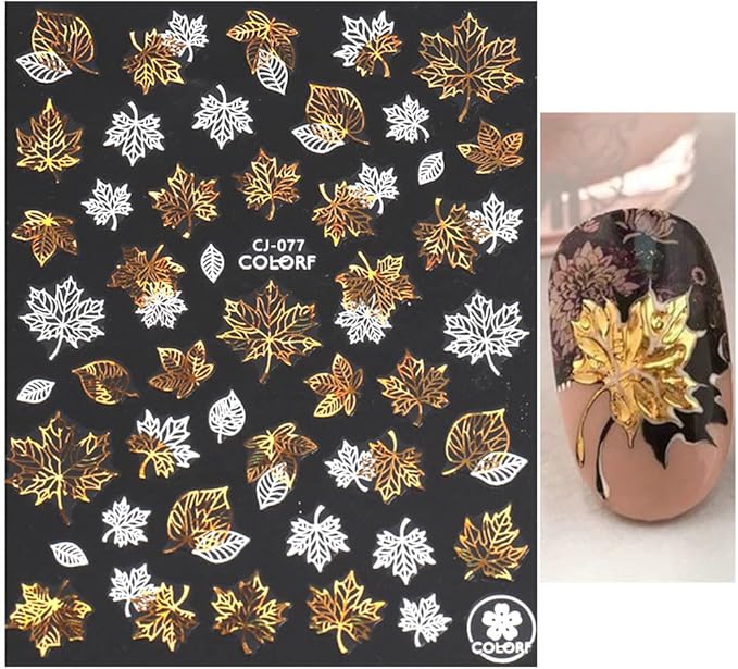 Autumn Leaves Nail Decals,Bronzing Fall Nail Stickers White Laser Gold Maple Leaf Nail Art Stickers,3D Self-Adhesive Stickers for Nails Decorations Accessories Women DIY Nail Supplies,9 Sheets/Set