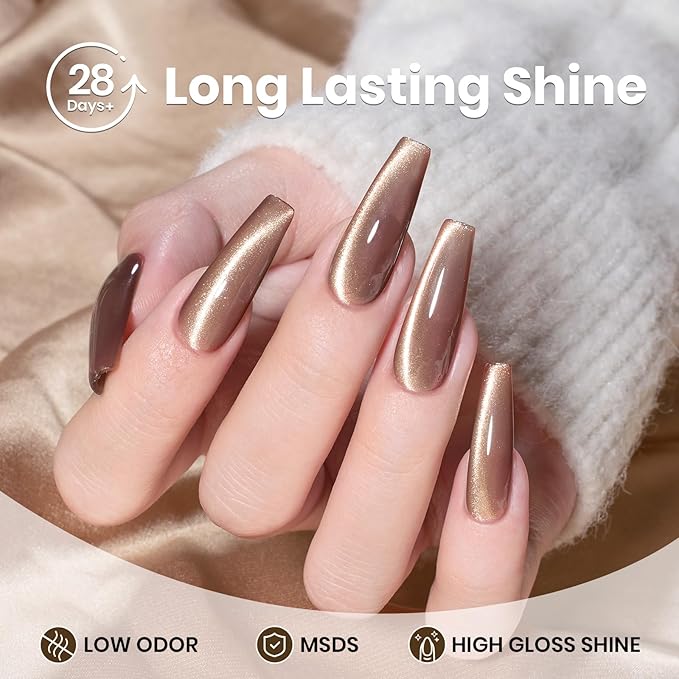 Beetles Brown Cat Eye Gel Nail Polish - Velvet Cinnamon Cat Eye Gel Polish, 15ML Fall Brown Mocha Mousse Magnetic Glitter Gel Polish with Magnet Soak Off UV French Nail Art Manicure Gift for Women