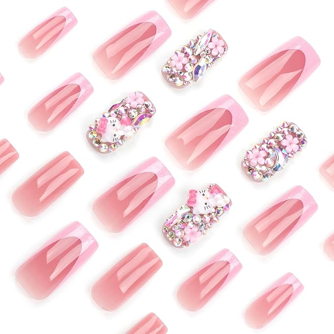 Pink Glitter French Tip Press on Nails Medium Square Fake Nails Glossy Rhinestones Full Cover Coffin False Nail with Rhinestones Charms Design Acrylic Nail for Women 24Pcs