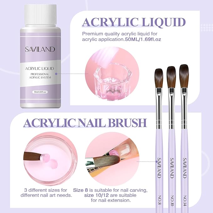 Saviland Acrylic Nail Kit for Beginners: 0.5 Oz Clear White Pink Acrylic Powder, 1.7 fl oz Acrylic Liquid, #8/10/14 Brushes, 100Pcs Nail Forms & Manicure Tools Professional Nail Kit Acrylic Set