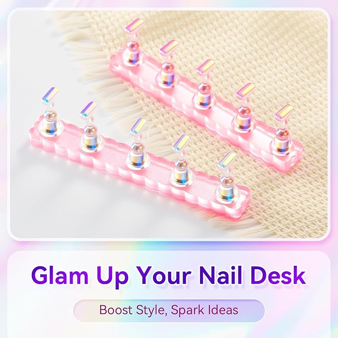 Makartt Nail Holder for Painting Nails: Press on Nails Stand for Art Display Practice, Pink Glitter Magnetic Fake Holders with Reusable Adhesive Putty Nail Art Tool for Home Salon DIY Use