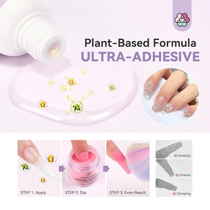 SAVILAND Dip Powder Base: Vitamin E Ultra Adhesive Dip Foundation Coat for Refill Dip Powder Liquid Set HEMA-free Nail Kit with 2 Liner 3 Replacement Brush for French Nail Art Beginner Home Salon DIY