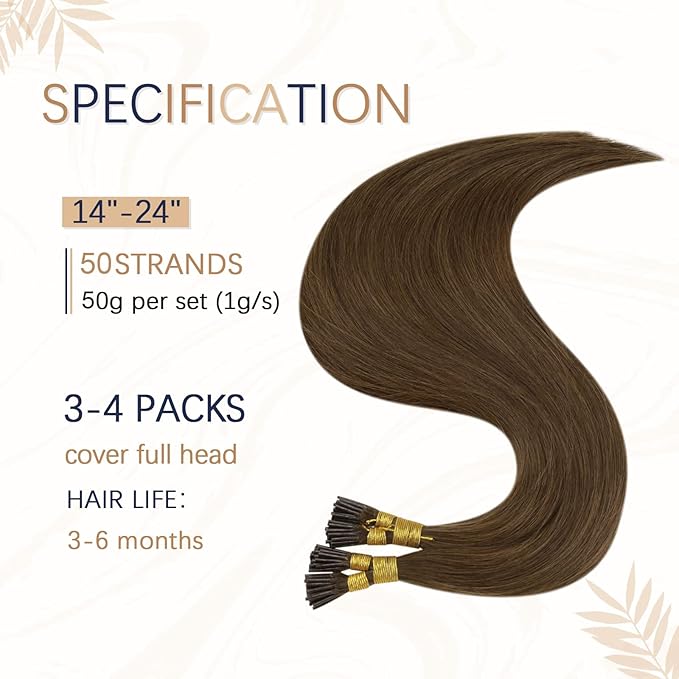 RUNATURE 22 Inch I Tip Hair Extensions Human Hair Soft Straight Hair Remy Hair Extensions for Women Real Hair I Tips Add Hair Length Can Be Curled 50G 50S #4 Medium Brown