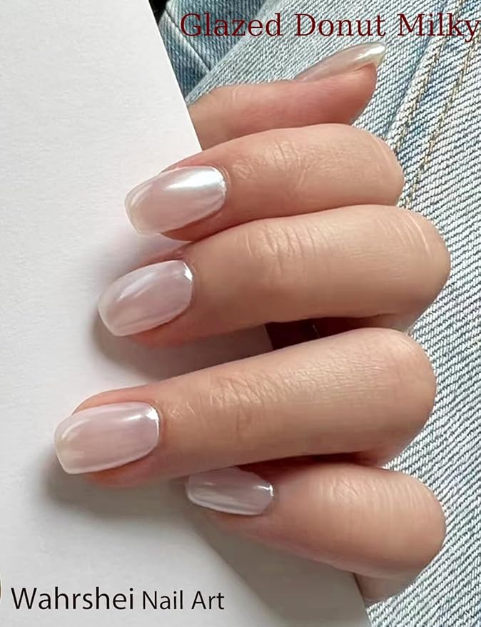 Semi Cured Gel Nail Strips, 20pcs Glazed Donut Milky, Pearl White Gel Nail Stickers for Home Nails DIY