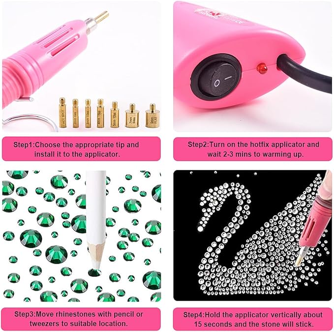 Blinginbox Hotfix Applicator Kit with 3 Boxes Rhinestones for Crafts,Clothes, Fabric, Leather,DIY Hot Fix Applicator Setter Tool with 7 Tips,Stand,Tweezers,Cleaning Brush,Gem Pickers