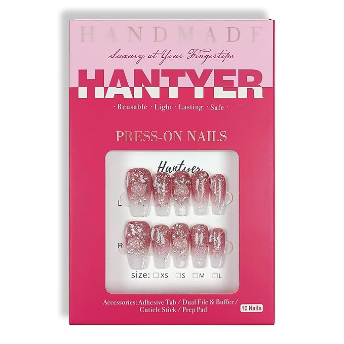 Medium Ballet Press On Nails,Handmade Soft Gel Winter Fall Fake Nails in Camellia Gradient Pink Gypsum Pearl Design, Full Cover Thick Acrylic False Nails for Women 10PCS Tools Kit(Size L)