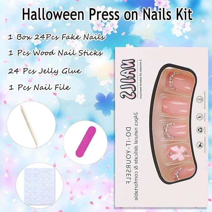 24Pcs Pink Bow Press on Nails Short Square Fake Nails French Tip Full Cover Glue on Nails with 3D Rhinestone Charms Design Bling Cute False Nails Glossy Acrylic Stick on Nails for Women Girls