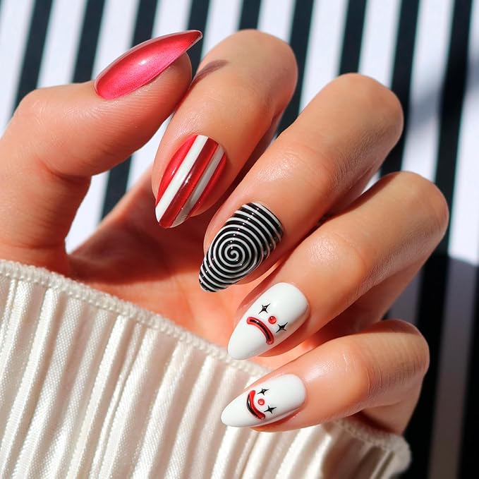Glamnetic Press On Nails - Crybaby Clown | Short Almond 3D Fake Nails with Clown & Swirl Designs in a Chrome Finish, Salon Quality Halloween Nails | 15 Sizes - 30 Nail Kit with Glue