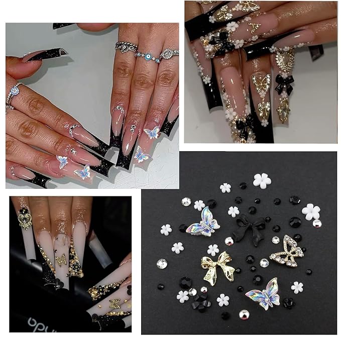 4 Boxes Dark Nail Gems Bow Flower Nail Charms for Acrylics - Irregular Crystals, Nails Rhinestone & Accessories for Women Nails Art Design Nails Decor(Dark)
