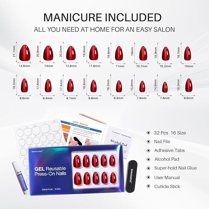 Dark Red Cat Eye Press on Nails Almond - SHANGMENG Soft Gel Valentines Short Press on Nails for Women Gift, Glossy Glue on Nails in 16 Sizes - 32 Reusable Fake Nails Kit with Glue, Wine