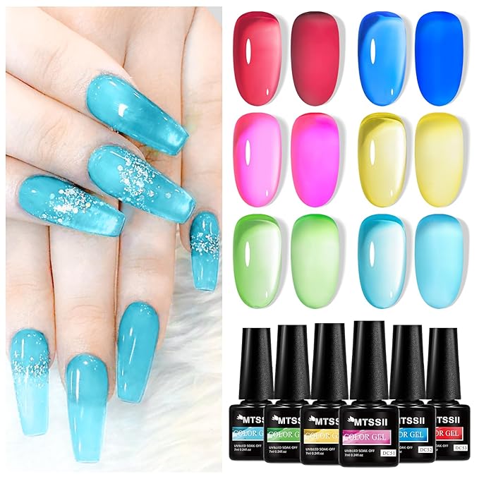 MTSSII 6Pcs Neon Jelly Gel Nail Polish Set Clear Crytal Glass Gel Polish Kit Iridescent Colors Transparent Nail Polish Pink Red Blue Green Yellow Nail Art Manicure DIY Gift