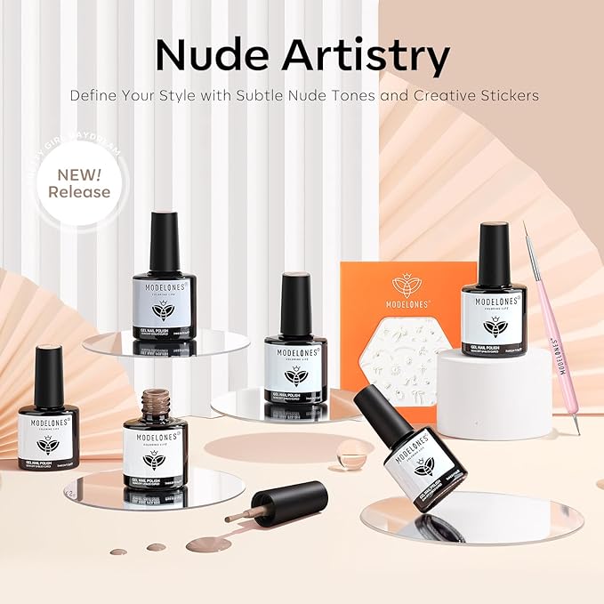 modelones Gel Nail Polish, 6 Colors Milky White Nude Beige Jelly Shimmer Gel Polish Set with Stickers & Liner Brush for DIY French Nails Polka Dot Nails Soak Off Nail Art Kit Manicure Salon