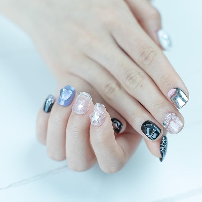 Sun&Beam Nails Handmade Press-on Short Squoval Round Silver Purple Black White Glitter Cartoon 3D Design Fashion False Nail Tips 10 Pcs Set (#168 XS)