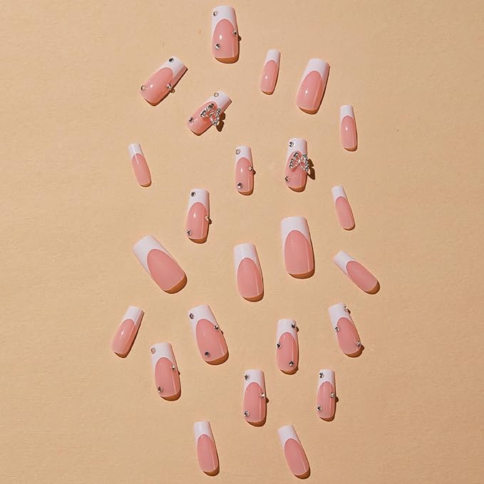 Press on Nails Medium Square MABKJLF French Tip Fake Nails Full Cover Pink False Nails with Butterfly Rhinestones Designs Glossy Glue on Nails Artificial Acrylic Nails for Women Girls 24 Pcs