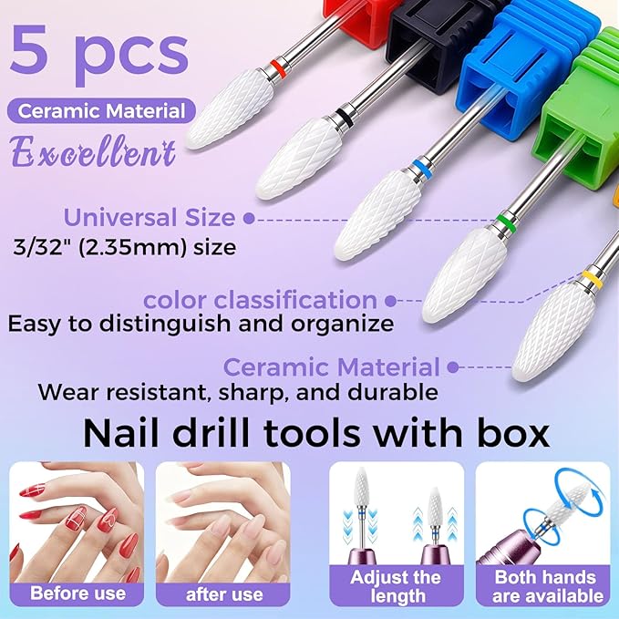 Fantexy Ceramic Nail Drill Bits Set,3/32'' Shank Professional Corn Shape Ceramic Bits,Acrylic Nail File Bits for Manicure Pedicure Cuticle Gel Nail Polishing,Use for Both Left and Right Handed(5 Pcs)