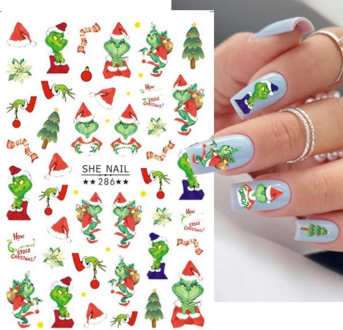 6 Sheets Christmas Nail Art Decals 3D Self-Adhesive Cartoon Xmas Nail Stickers Design WinterXmas Funny Green Monster Nail Decals Christmas Nail Decals Supplies for Women Nail Art DIY Manicure