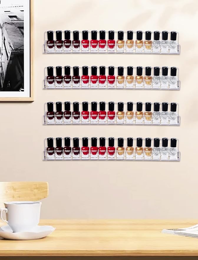 4 Pack Acrylic Nail Polish Rack Wall Mounted Shelf with Removable Anti-Slip End Inserts, Clear Nail Polish Holder Organizer Display Stand