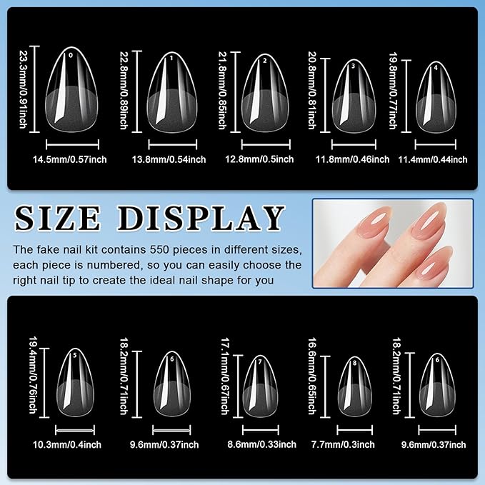 550PCS Short Almond Nail Tips,Pre-shaped Soft Gel Nail Tips,Clear Press on Nails Tips Almond Shape,False Nails for Nail Extension Home DIY Nail Salon