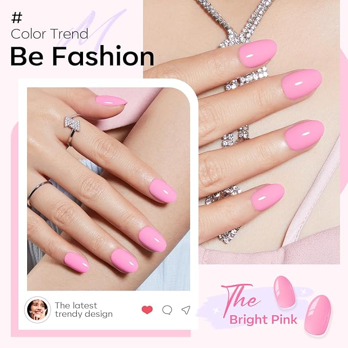 modelones Short Press on Nails, Oval Fake Nails Kit Press Ons with Nail Glue, Adhesive Tabs, Nail File, Prep Pad, Manicure Stick, Pink, 32Pcs 16 Sizes, Spring Women Girl Gift