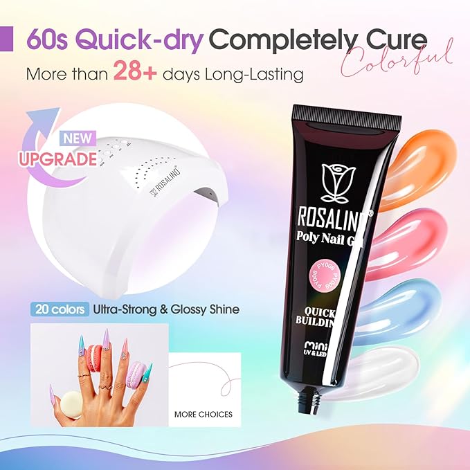 ROSALIND 20 PCS Colors Poly Nail Gel Kit -Neon Poly Nails Gel Kit Starter Kit - Slip Solution Pro Nude Pink Nail Extensions Gel Set With UV Lamp Drill Nail Art Builder Kit