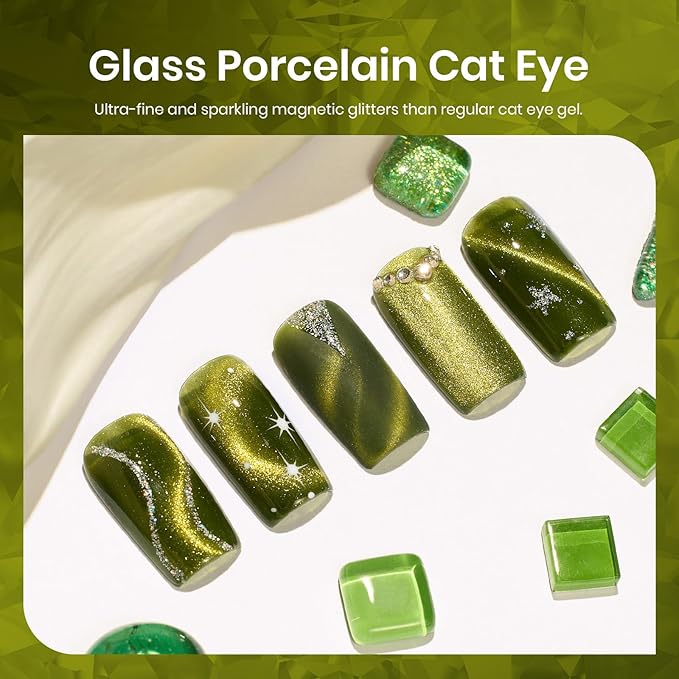 Beetles Green Cat Eye Gel Nail Polish - 15ML Olive Green Cat Eye Glitter Magnetic Gel Polish Soak Off Uv Nail Art Manicure Christmas Winter Gifts for Women