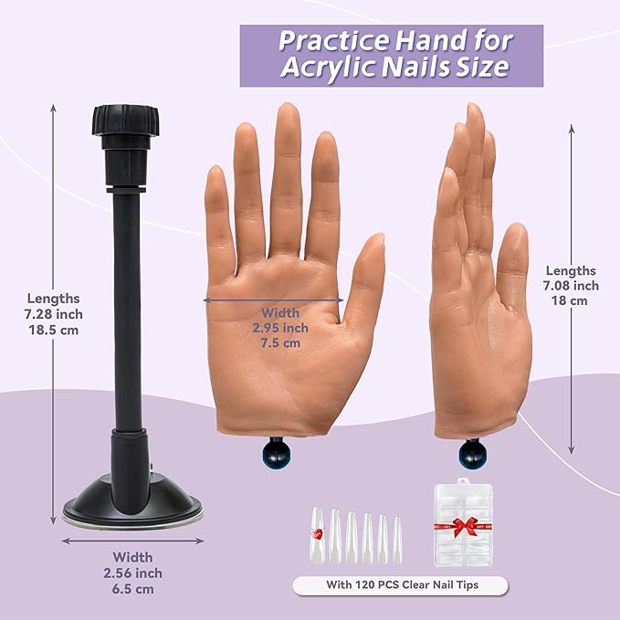 Practice Hand for Acrylic Nails,Realistic Silicone Professional Mannequin Hand,with Flexible Fingers for Acrylic Nails,Nail Art Training,Ideal Practice Tool for Manicure Beginners