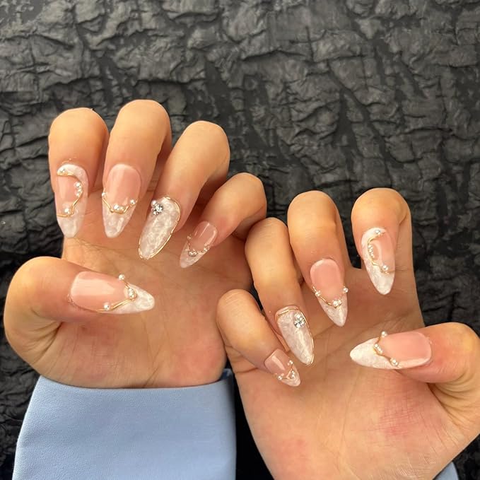 Handmade Press On Nails Short Almond,Nude Pink Acrylic Nails,Luxury Nail Press On with Charm Pearl Design for Wedding&Party Wear-True Love Design Concept