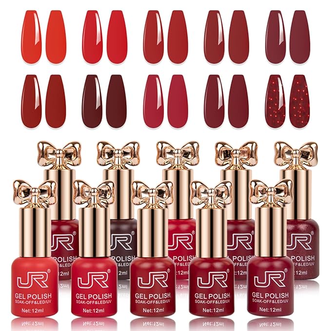 JR 12ml 10colors HEMA Free Red Gel Nail Polish Set Long Lasting Soak off UV Gel Polish Kit Nail Art DIY Manicure Salon Home Gifts for Women D Model