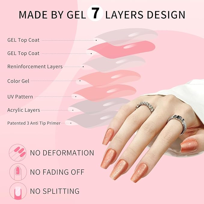 Brown Cat Eyes Press On Nails,12 Sizes-24 Pcs Soft Gel Light Brown Medium Coffin Fake Nails Kit with Nail Glue, Natural Reusable Stick On False Nails for Women and Girls (Skycloud Brown Nails) SK0826