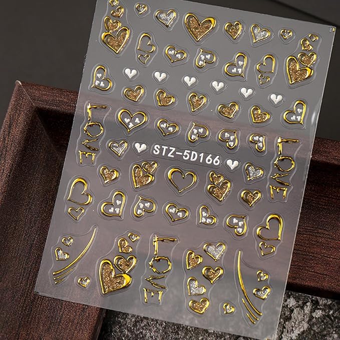 Silver Nail Art Stickers 5D Embossed Gold Heart Nail Stickers with Metal Clock Bow Star Self Adhesive Y2k Goth Design Valentines Nails Decals Nail Art Supplies for Women Acrylic Manicure Decorations