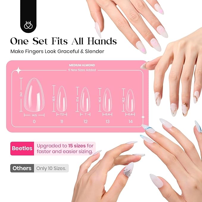 Beetles Nail Kit, 600Pcs Medium Almond Nail Tips with Milky White Gel Polish Top Coat, 15 Sizes Beetles Gel Soft Clear Press on Nails 5 In 1 Nail Glue Valentine Nail Extension Set for Women