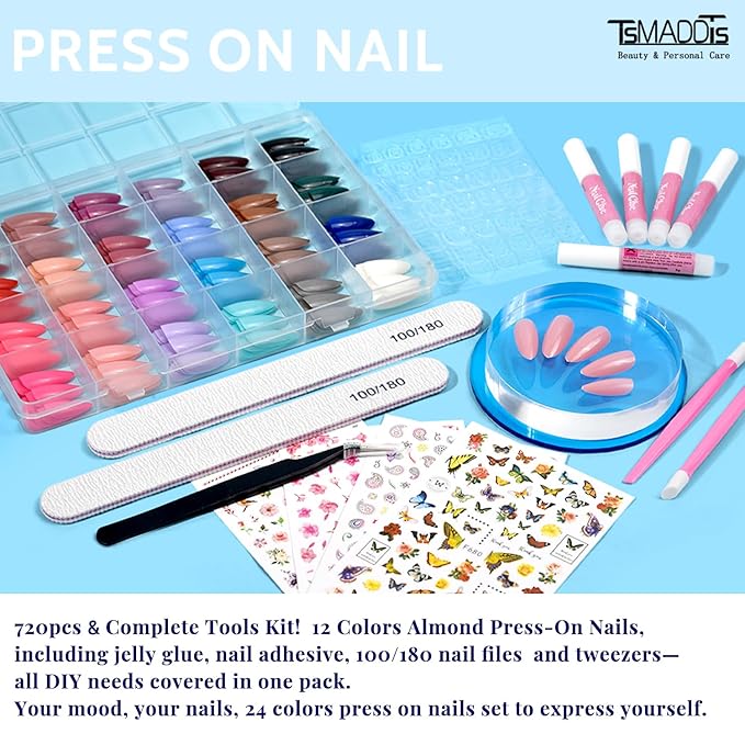 TsMADDTs Press On Nails Almond, 24 Colors 720 pcs Short Fake Nails with Glues, Stickers, Tweezer for Women