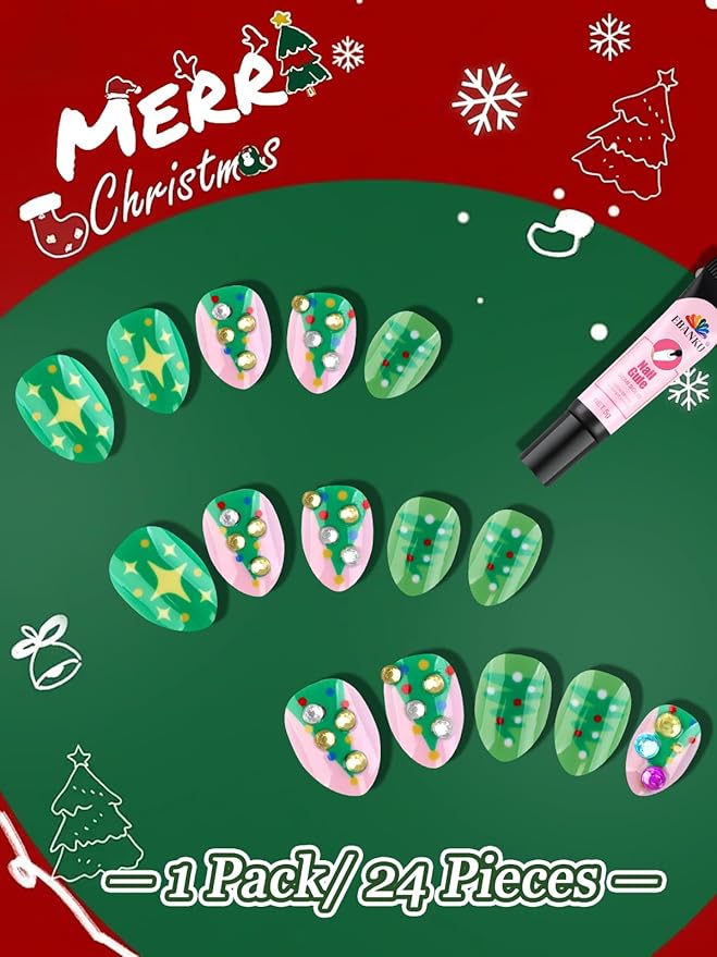 Christmas Press on Nails Kid, EBANKU 24Pcs Almond Fake Nails Kit Full Cover Green Christmas Tree Cute Design Acrylic Nails with Nail Glue for Girl