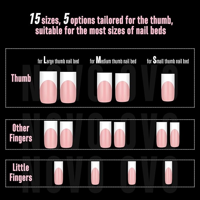 NOVO OVO Medium Sharp Square White French Tip Nail Tips Press on BABY PINK, Extra Thick NEED Builder Gel & Top Coat & Glue, Soft Gel Full Cover False Fake Nail Extension in Salon DIY x 15 Sizes 180 pc