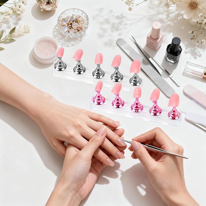 Nail Stand Nail Holder for Painting Nails 2 Sets Press on Nails Stand Display with 96 Pcs Reusable Adhesive Putty Clay Magnetic Acrylic Nailss Art Tools Accessories for DIY Salon Supplies Pink, Silver
