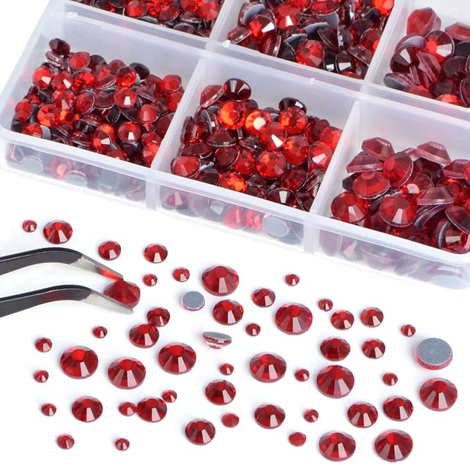Bymitel Hotfix Crystal Rhinestones Round Gems for Crafts,Mixed 6 Sizes with Wax Pencil Kit, Siam 1.6-6.3mm SS4-SS30/8000pcs
