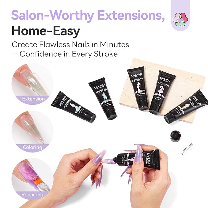 SAVILAND Hema-Free Poly Nail Gel Kit: 6 Aurora Colors Poly Extension Gel Nail Kit with Cat Eye Eeffect, 28-Day Lasting Hardness Poly Gel for Nourishing Nails Builder Enhancement Nail Art Home Salon