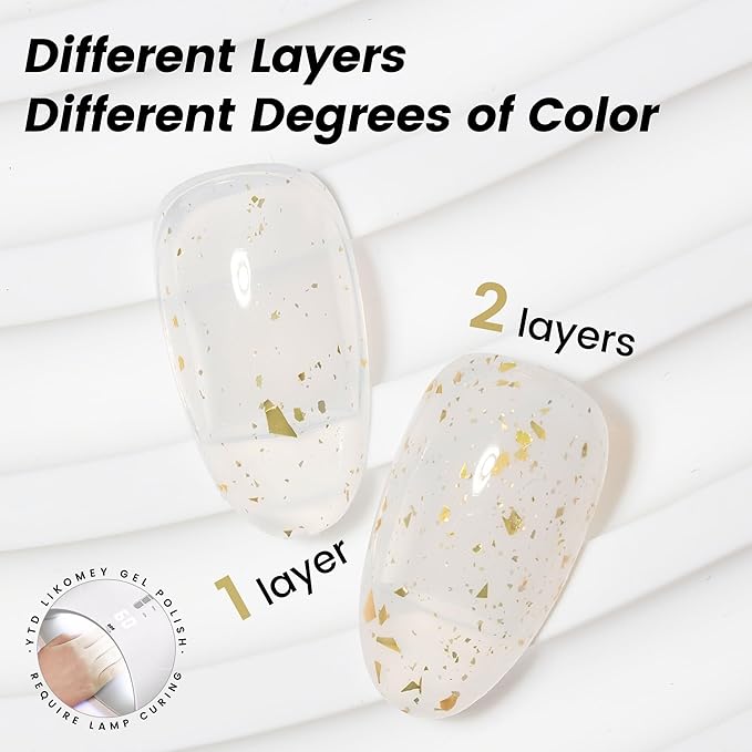 YTD Likomey Nude Gel Nail Polish,15ml Milky White Gold Foil Translucent Neutral Jelly Sheer Gold Flakes Glitter Salon Home DIY Nails Art Manicure UV Nail Gel Varnish,LS10