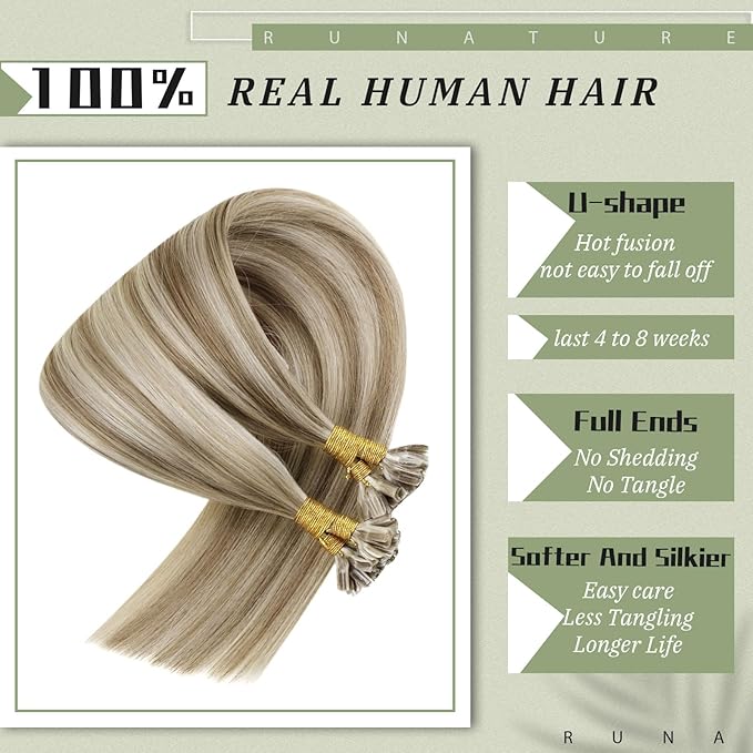 RUNATURE Remy U Tip Hair Extensions Real Human Hair 14 Inch Straight for Women Human Hair Invisible Hot Keratin U Tip Fusion Extensions Hair U Tip Brown to Blonde U Tip Hair Extensions 50g 50s