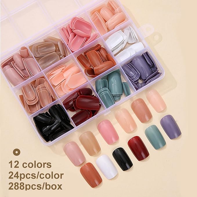 12Packs 288Pcs Square Press on Nails Short Fake Nails Soft Gel False Nails Kit Square Nail Tips Solid Color Acrylic Nails Art for Women Manicure Deco 12 Size - 12 Colors