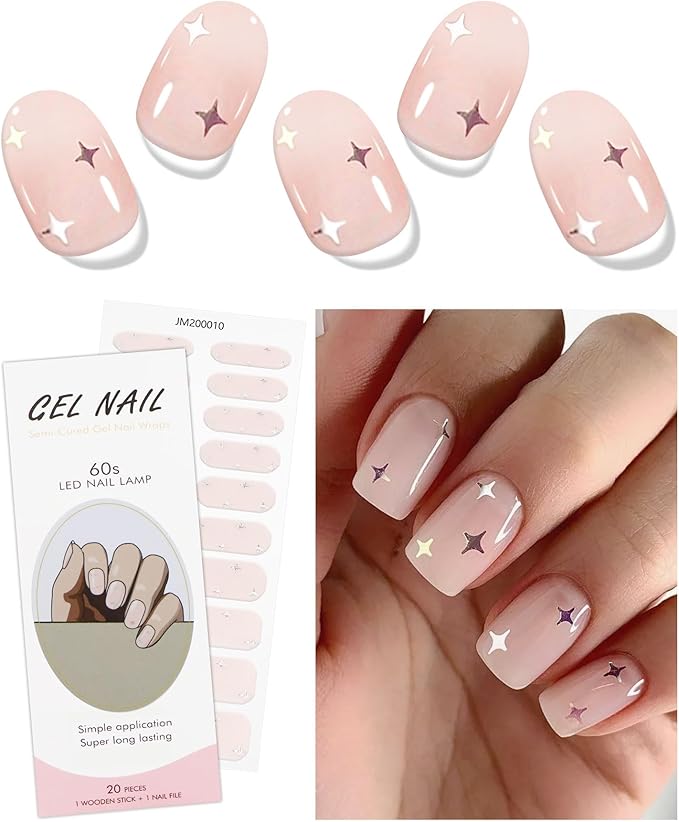 JMEOWIO Gel Nail Stickers Colorful Star Semi Cured Gel Nail Strips Wraps UV/LED Nails Art Design Decoration Accessories